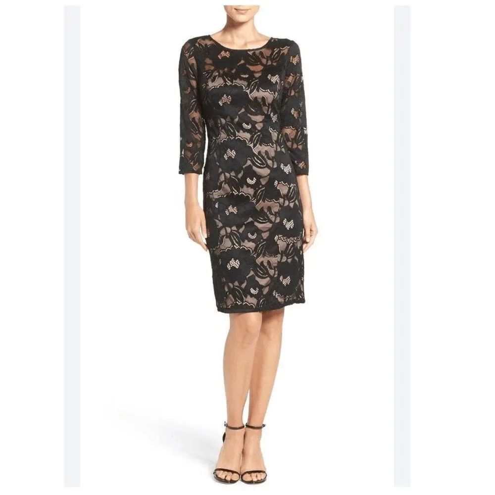 Adrianna Papell Floral Lace Illusion Sheath Mini Dress in Black & Nude Size 6P